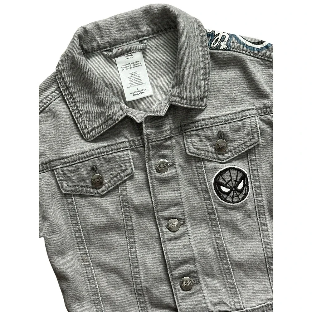 Marvel Spider-man Gray Denim Jacket Toddler Sz 3T Snap Closure With Pockets